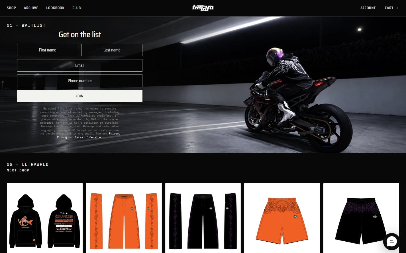 The store's opening screen: a sign-up panel over a night photograph of a motorcycle, above the first row of an upcoming release.