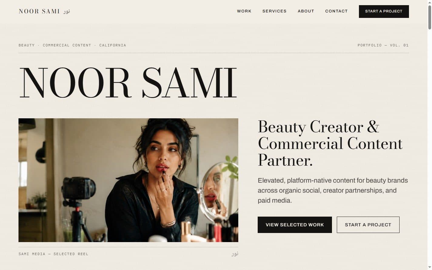 The portfolio hero, pairing the creator name at display scale with a studio portrait and the service line.