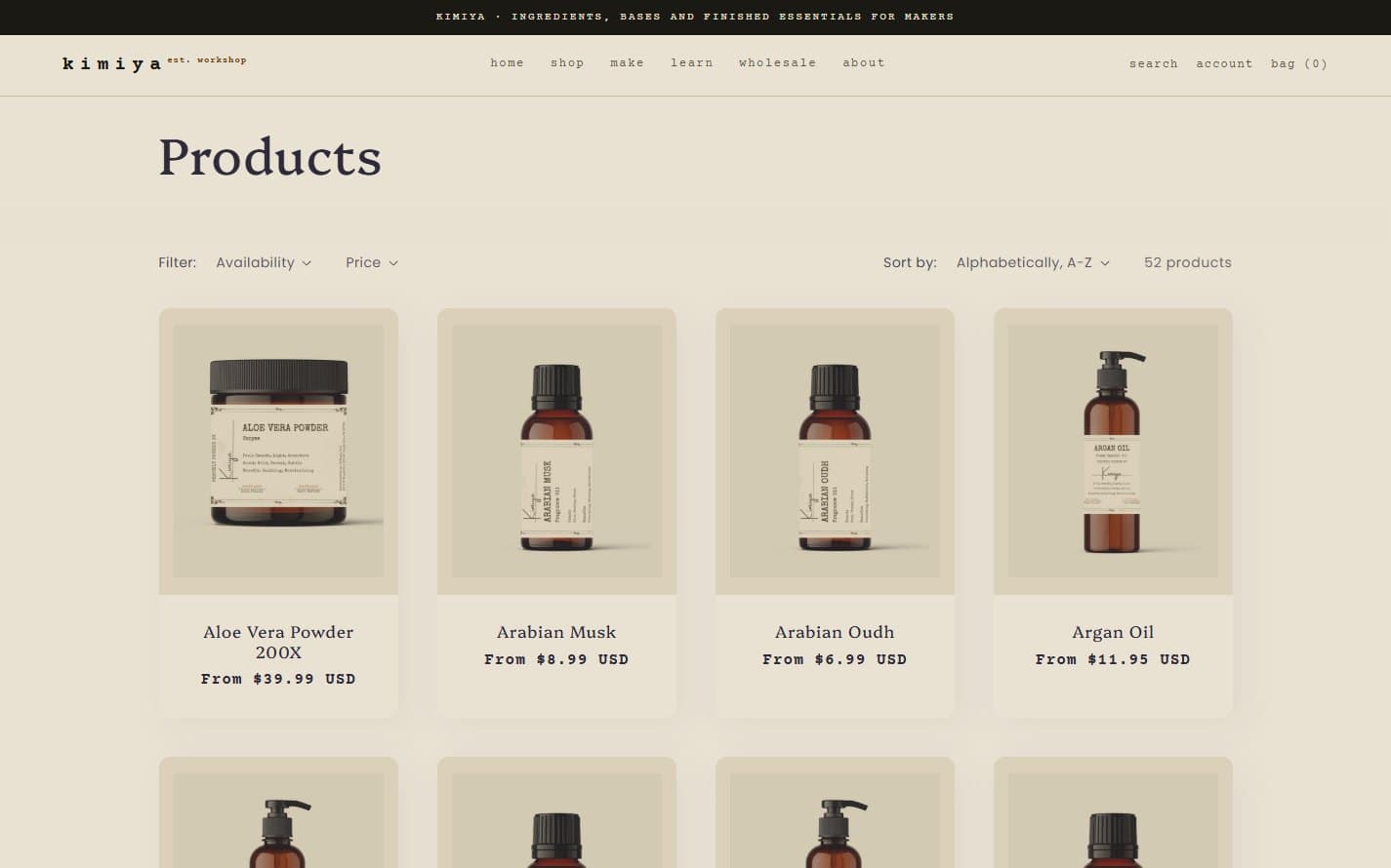 The all-products listing, with availability and price filters above a grid of amber-glass ingredient bottles.