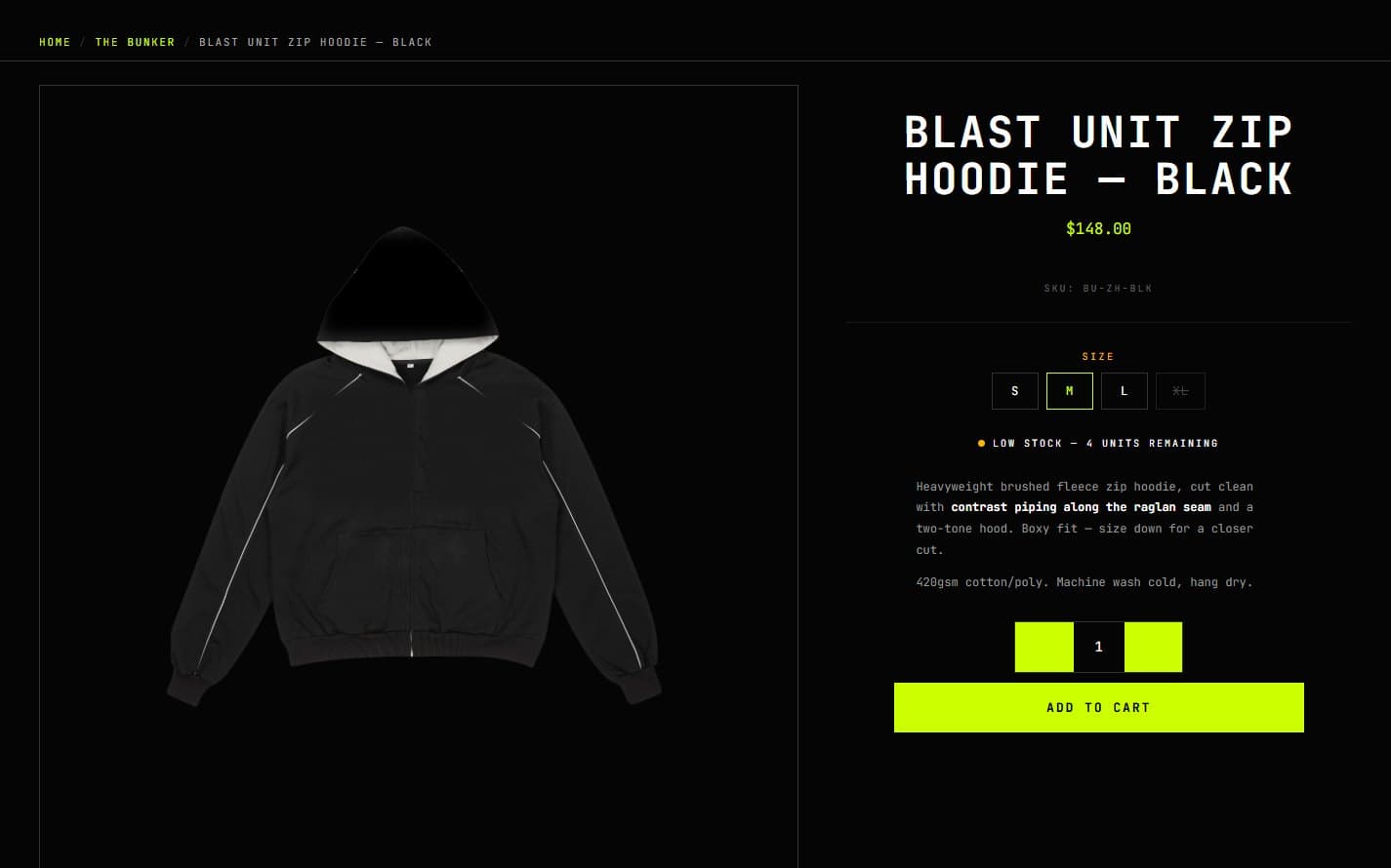 A product page, with size selection, stock state and fabric detail.