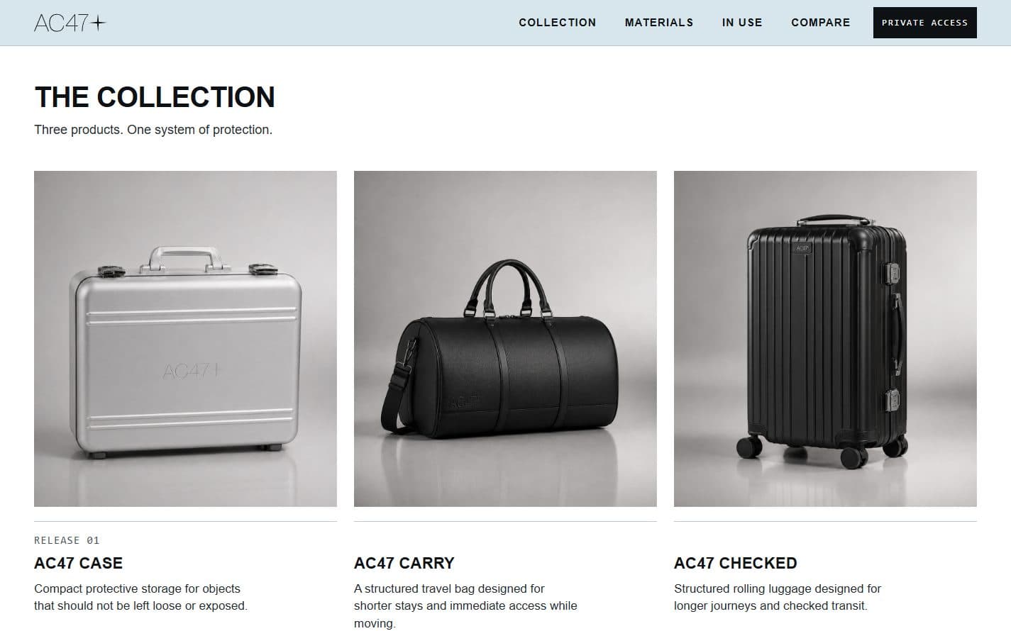 The collection section, presenting the three formats side by side — protective case, structured carry bag and rolling checked luggage — with the role each one plays.