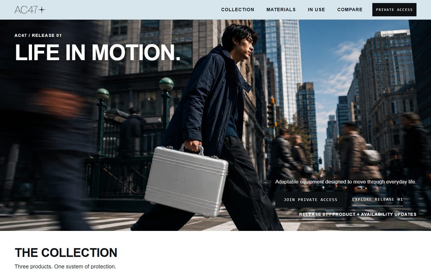 The release-led hero at desktop width, setting a two-word campaign line over a street photograph of the protective case carried through a crossing.